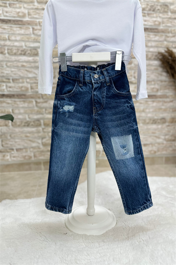 Unisex Çocuk Yıkama Kare Jean Pantolon