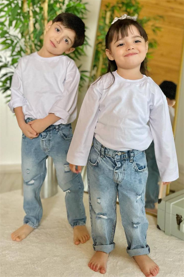 Unisex Yırtık Buz Mavi Jean Pantolon