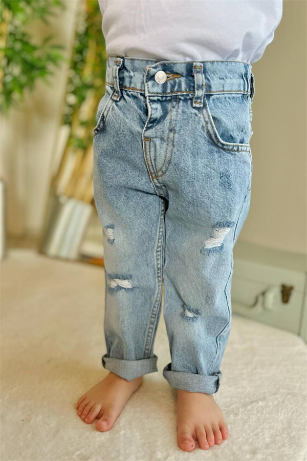 Unisex Yırtık Buz Mavi Jean Pantolon