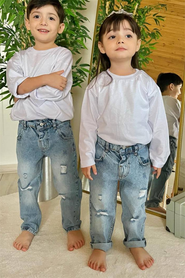 Unisex Yırtık Buz Mavi Jean Pantolon
