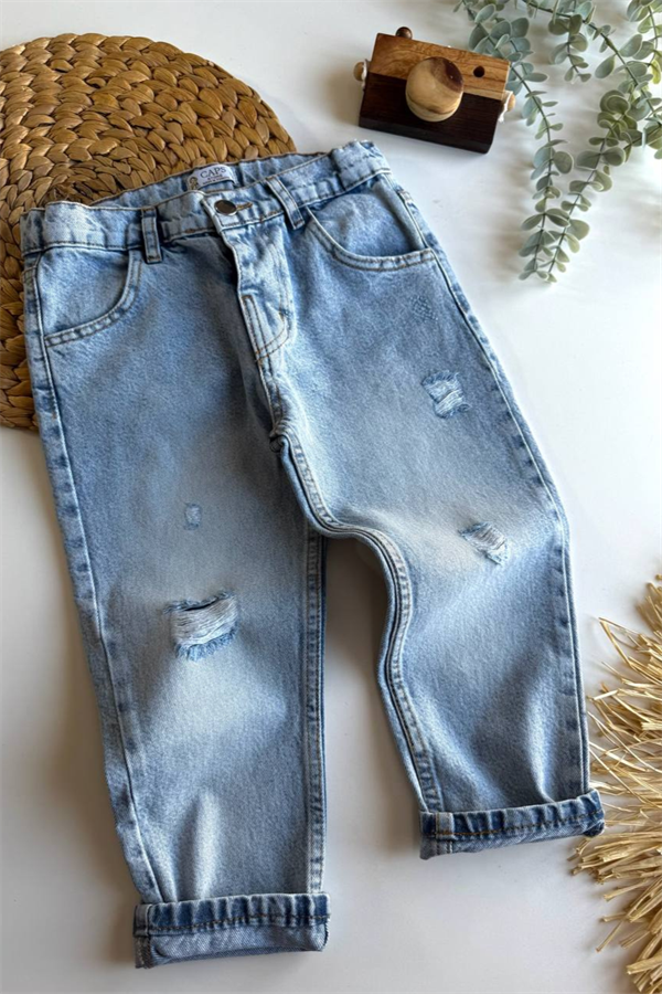 Unisex Yırtık Detaylı Buz Mavi Jean Pantolon