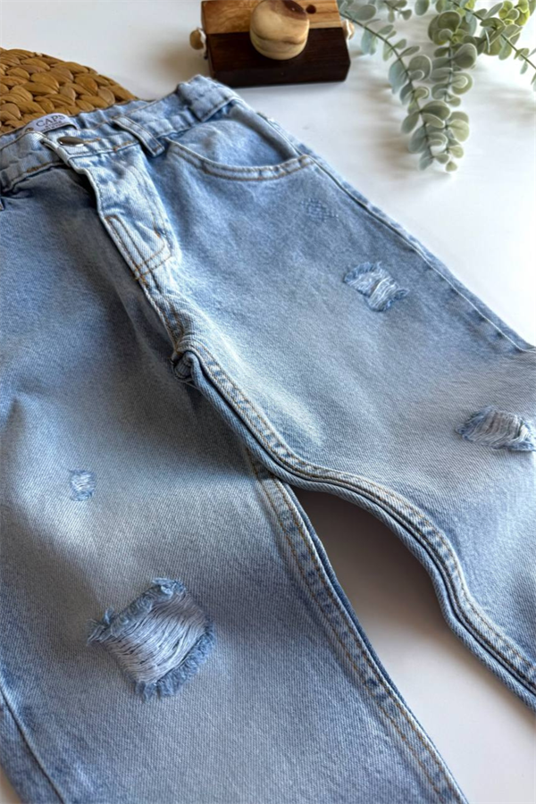 Unisex Yırtık Detaylı Buz Mavi Jean Pantolon