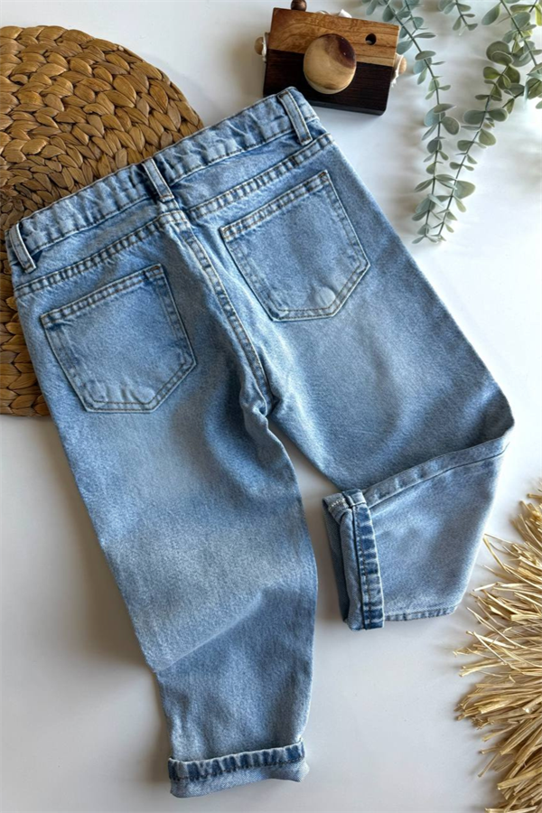 Unisex Yırtık Detaylı Buz Mavi Jean Pantolon