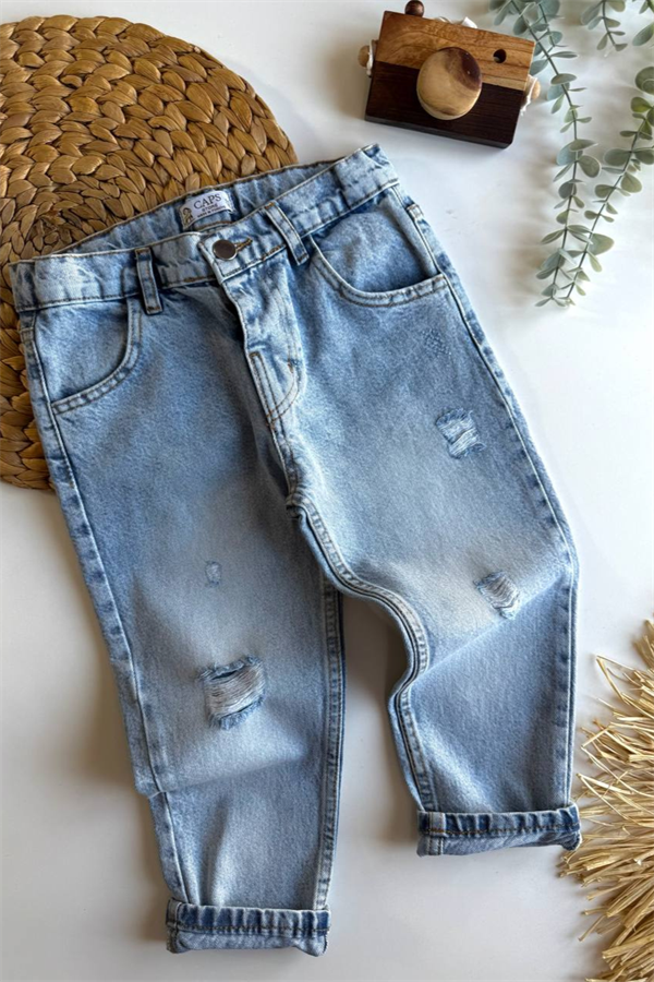 Unisex Yırtık Detaylı Buz Mavi Jean Pantolon