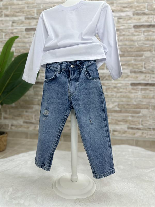 Unisex Yırtık Detaylı Mavi Jean