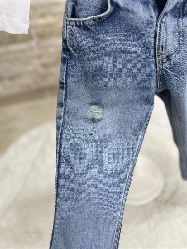 Unisex Yırtık Detaylı Mavi Jean