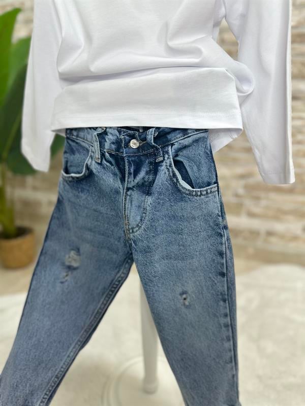 Unisex Yırtık Detaylı Mavi Jean
