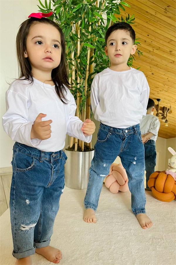 Unisex Yırtık Mavi Jean Pantolon