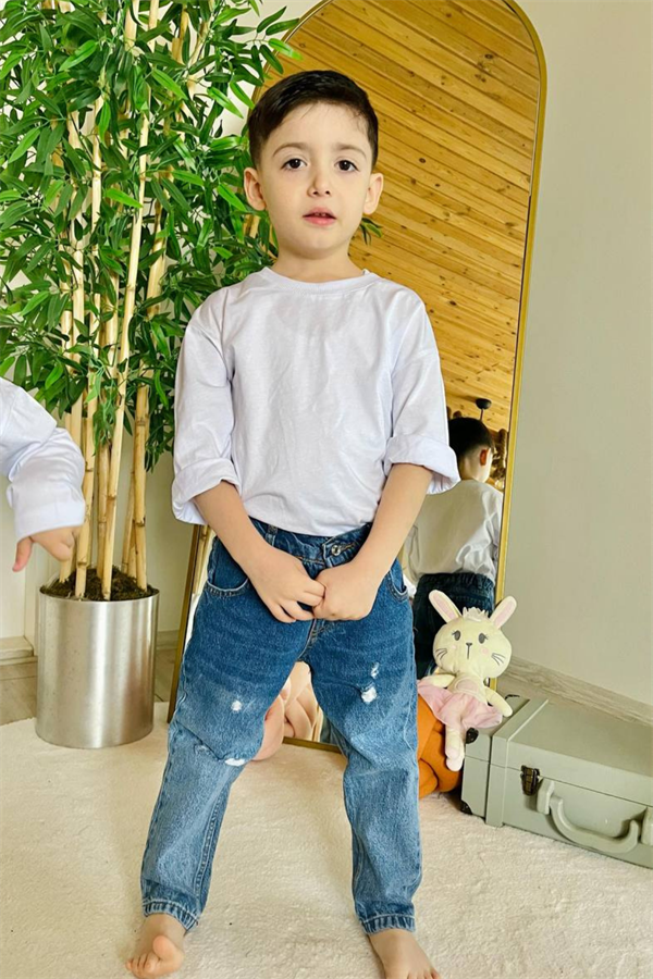 Unisex Yırtık Mavi Jean Pantolon