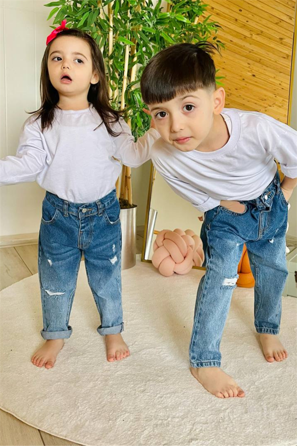 Unisex Yırtık Mavi Jean Pantolon
