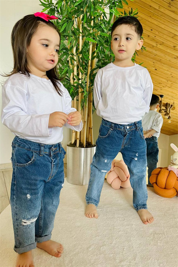 Unisex Yırtık Mavi Jean Pantolon