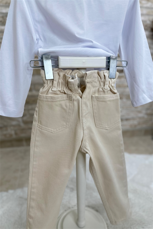 Unisex Yüksek Bel Bej Jean Pantolon