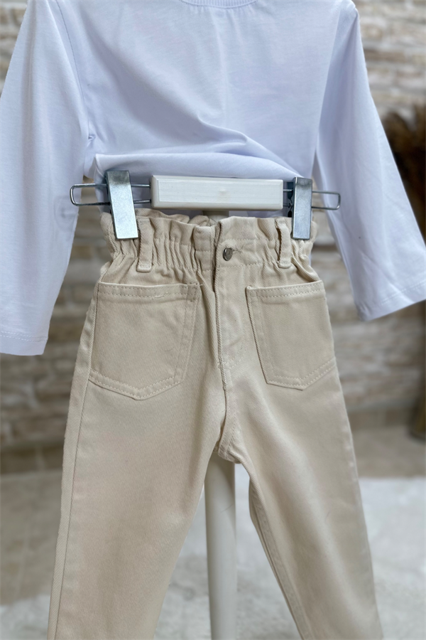 Unisex Yüksek Bel Bej Jean Pantolon