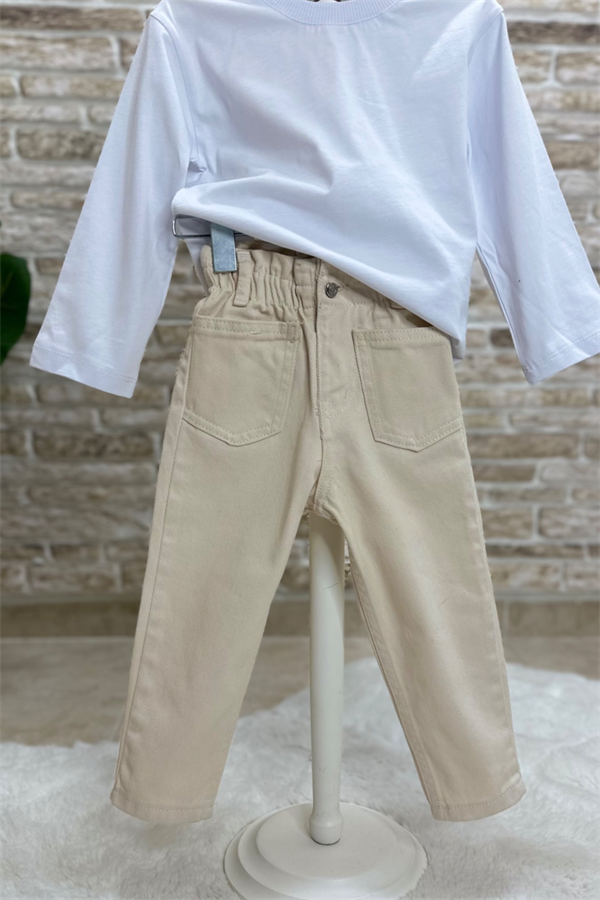 Unisex Yüksek Bel Bej Jean Pantolon