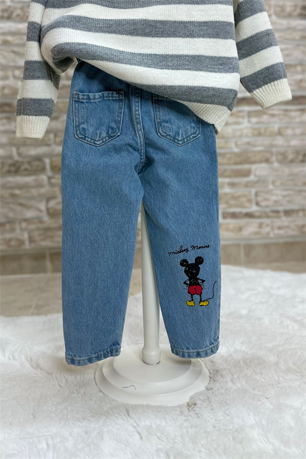 Unisex Yüksek Bel Paçası Mickey Jean Pantolon