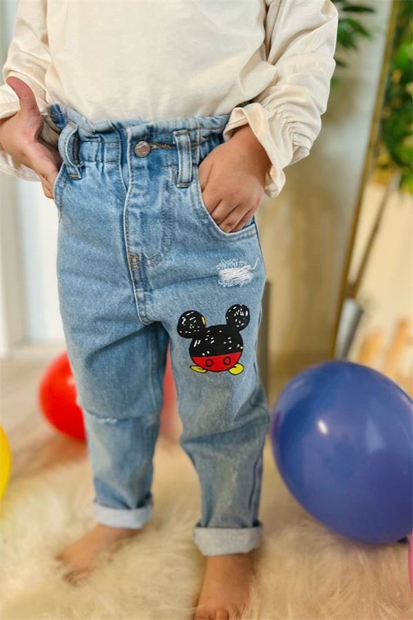 Unisex Yüksek Bel Paçası Mickey Jean Pantolon
