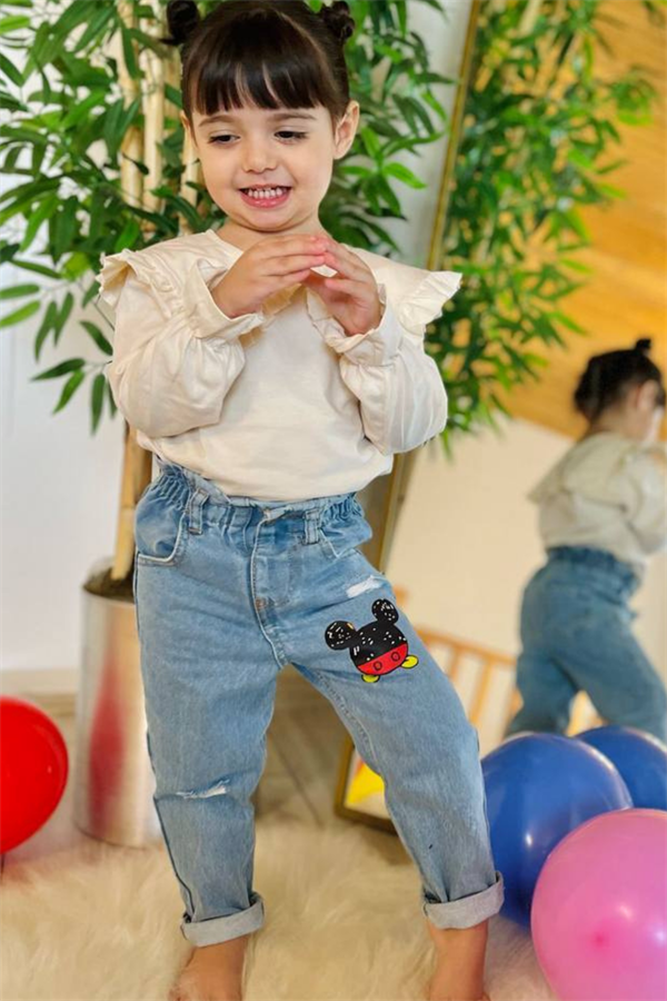 Unisex Yüksek Bel Paçası Mickey Jean Pantolon