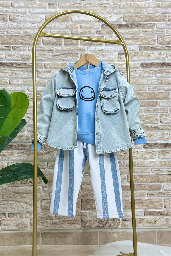 Unlsex Çocuk 3 İplik Çizgili Mavi Takım