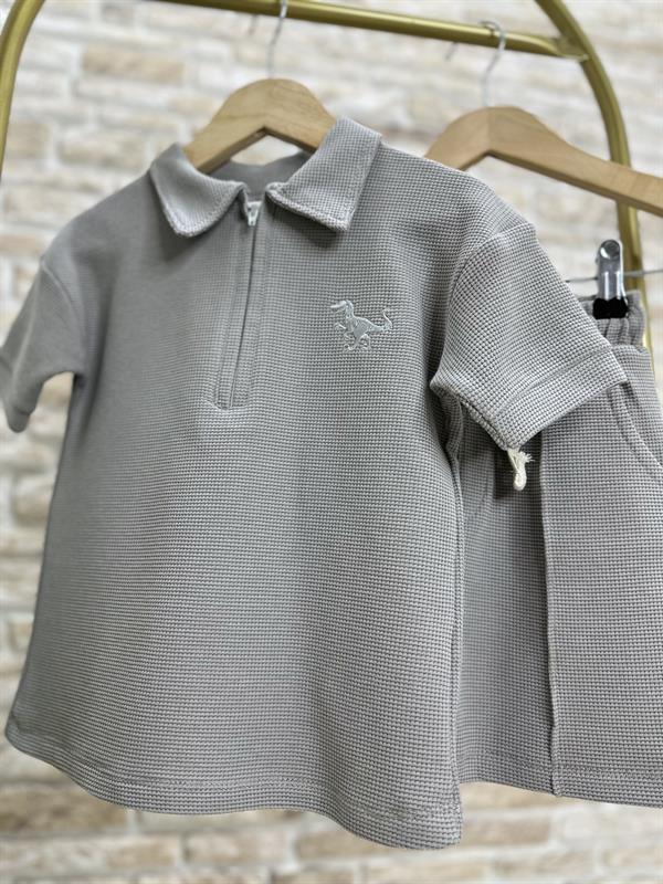 Waffle Kumaş Gri Fermuarlı Şort Takım