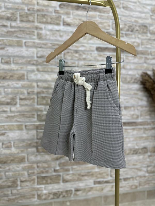 Waffle Kumaş Gri Fermuarlı Şort Takım