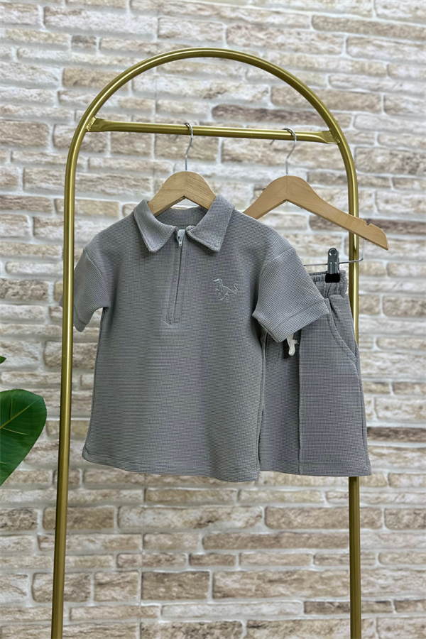 Waffle Kumaş Gri Fermuarlı Şort Takım