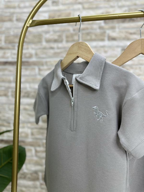 Waffle Kumaş Gri Fermuarlı Şort Takım