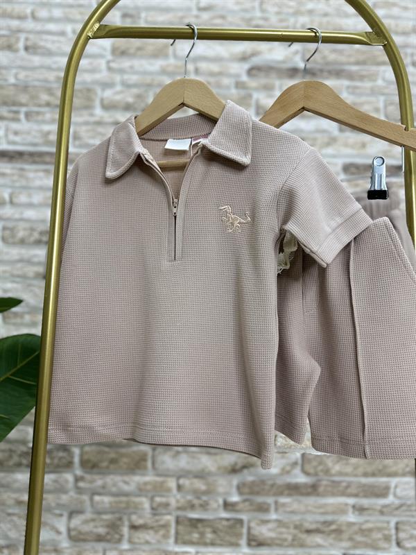 Waffle Kumaş Kum Beji Fermuarlı Şort Takım