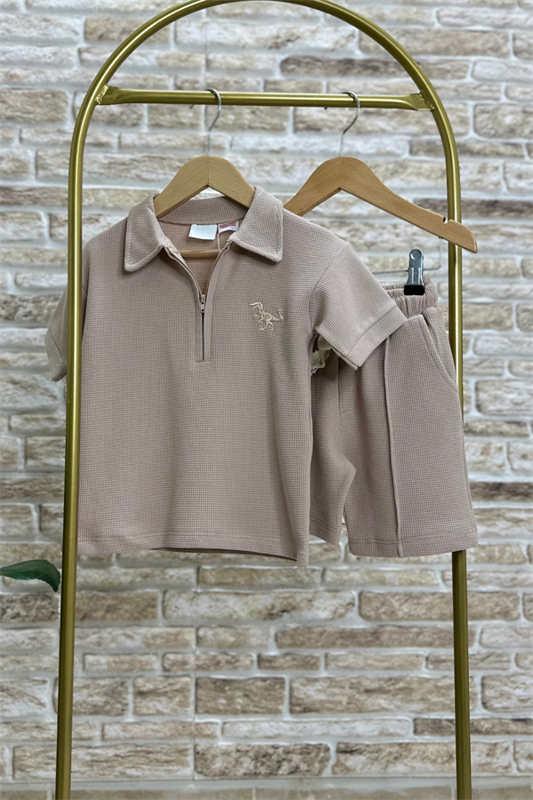 Waffle Kumaş Kum Beji Fermuarlı Şort Takım