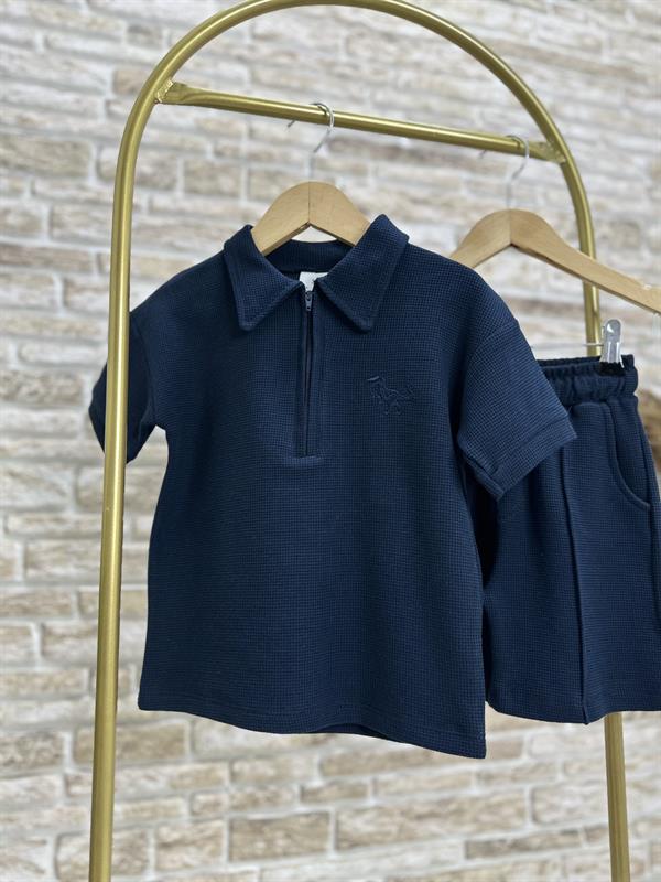 Waffle Kumaş Lacivert Fermuarlı Şort Takım