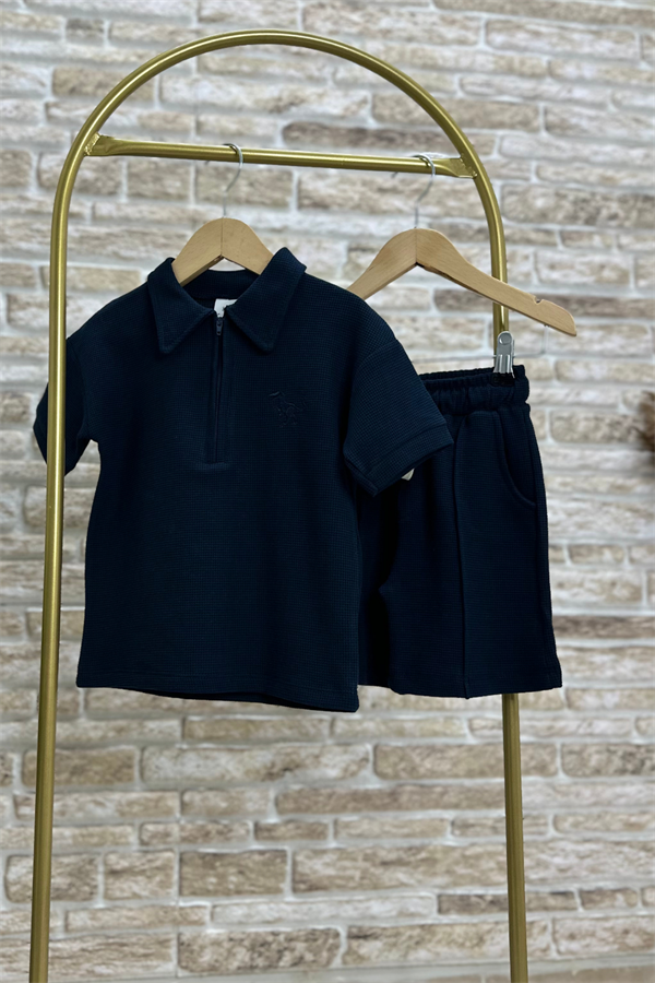 Waffle Kumaş Lacivert Fermuarlı Şort Takım