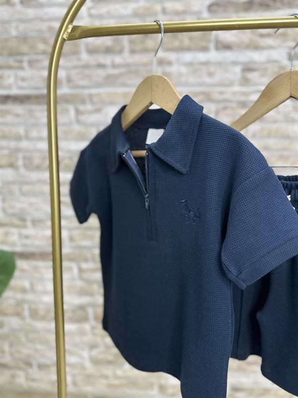 Waffle Kumaş Lacivert Fermuarlı Şort Takım