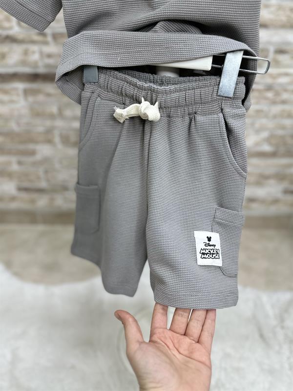 Waffle Kumaş Mickey Gri Fermuarlı Şort Takım