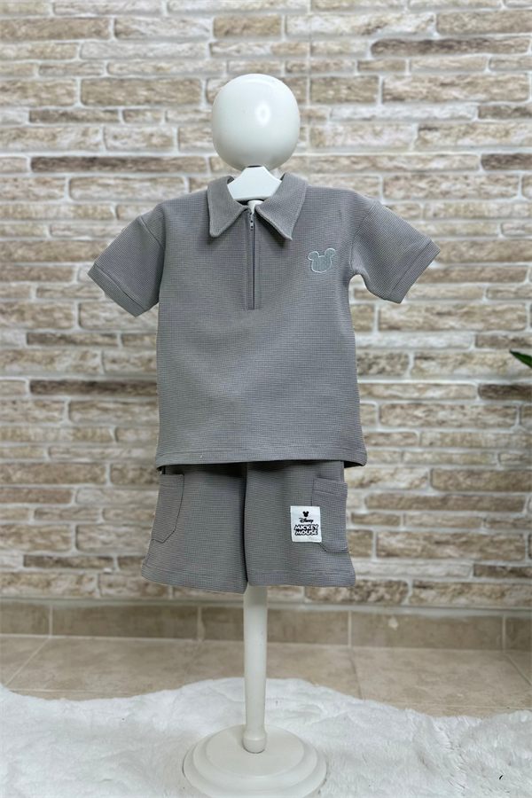 Waffle Kumaş Mickey Gri Fermuarlı Şort Takım