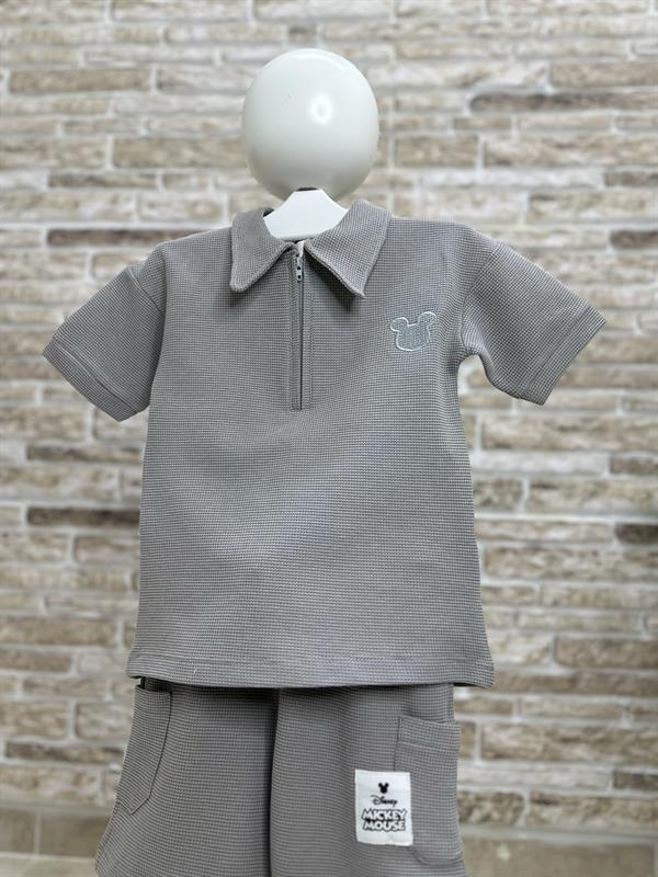 Waffle Kumaş Mickey Gri Fermuarlı Şort Takım