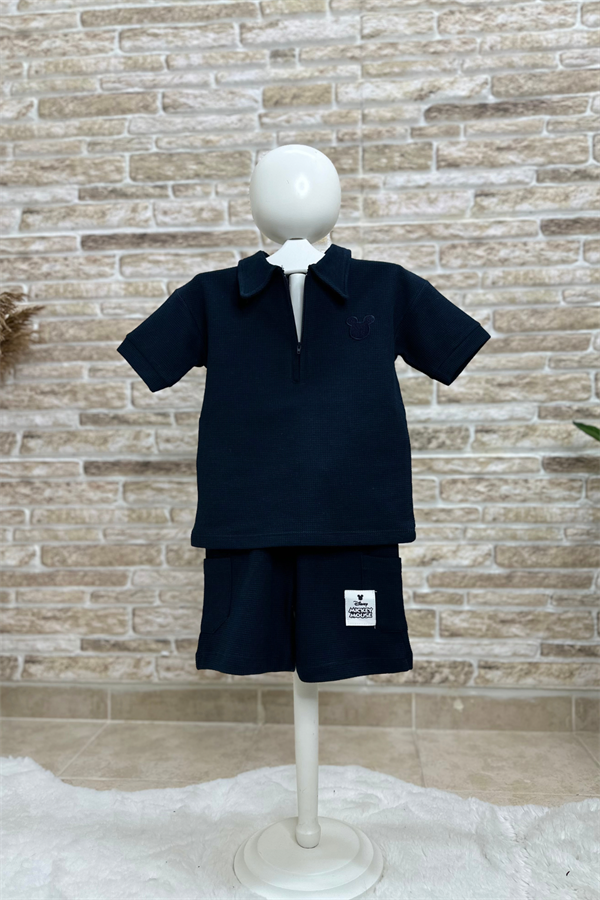 Waffle Kumaş Mickey Lacivert Fermuarlı Şort Takım