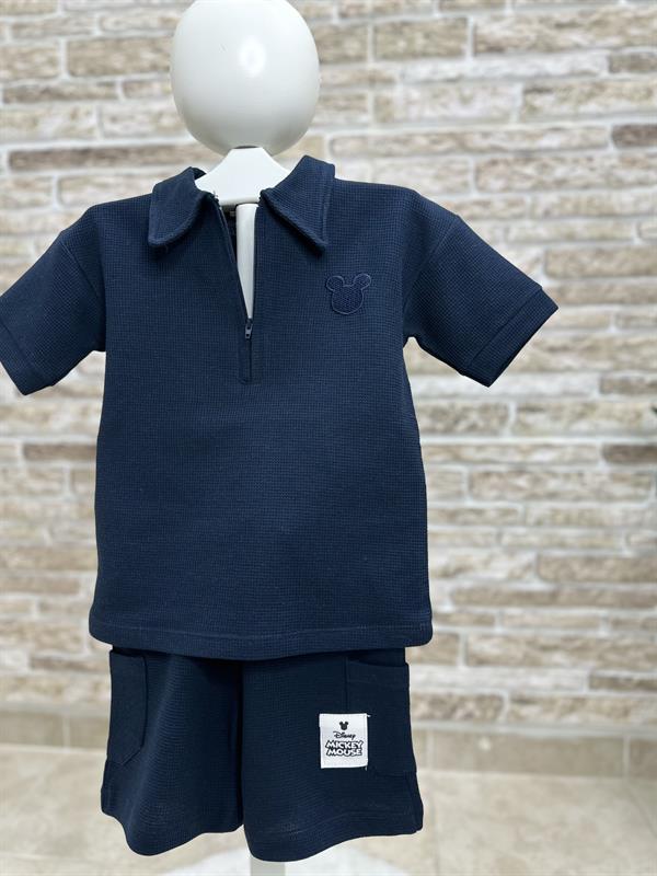 Waffle Kumaş Mickey Lacivert Fermuarlı Şort Takım