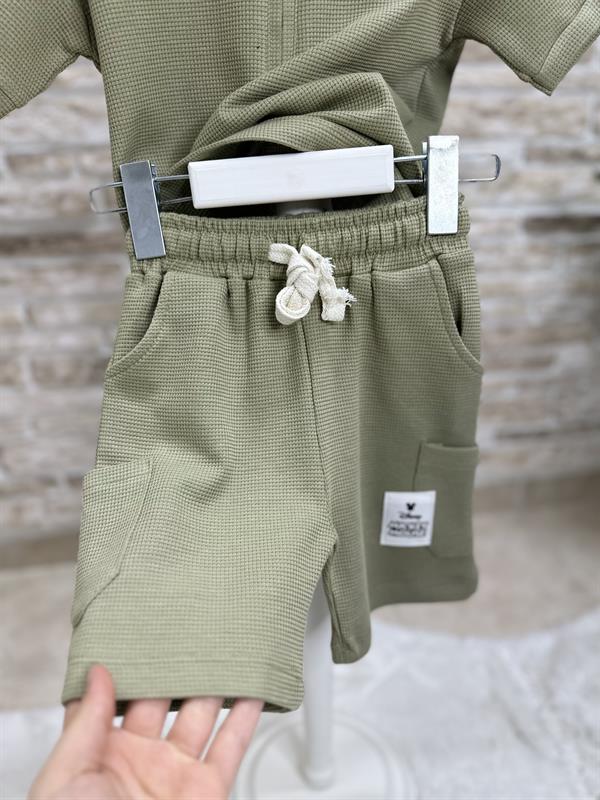 Waffle Kumaş Mickey Yağ Yeşili Fermuarlı Şort Takım
