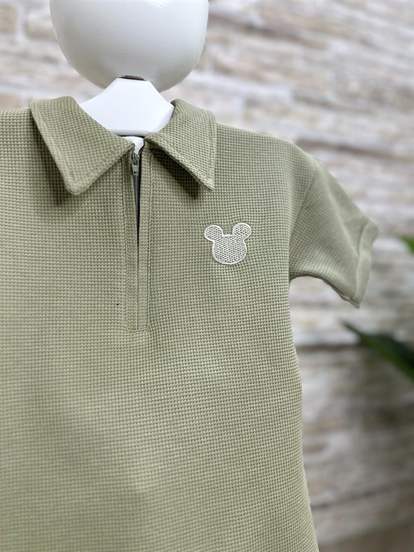 Waffle Kumaş Mickey Yağ Yeşili Fermuarlı Şort Takım