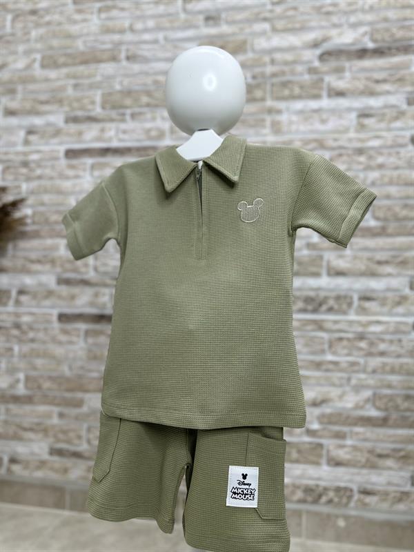 Waffle Kumaş Mickey Yağ Yeşili Fermuarlı Şort Takım