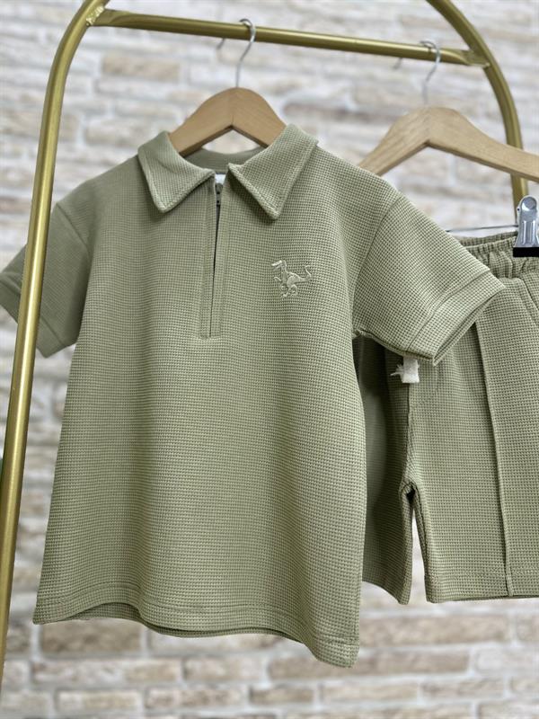 Waffle Kumaş Yağ Yeşili Fermuarlı Şort Takım