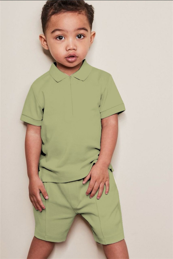 Waffle Kumaş Yağ Yeşili Fermuarlı Şort Takım