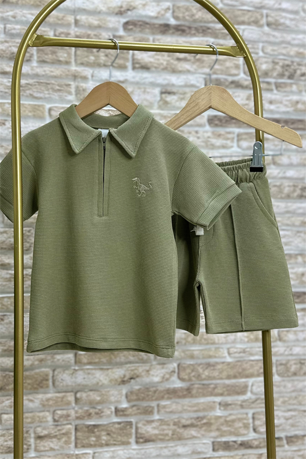 Waffle Kumaş Yağ Yeşili Fermuarlı Şort Takım