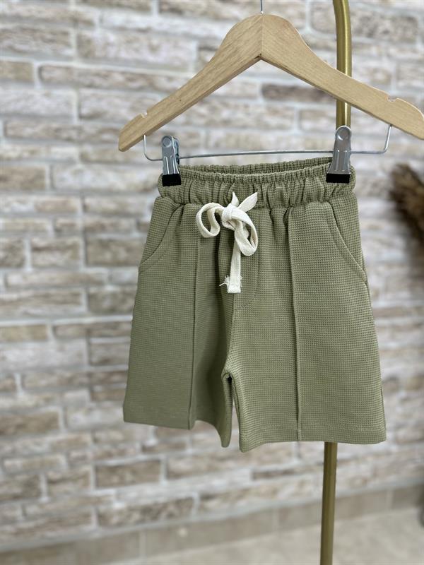 Waffle Kumaş Yağ Yeşili Fermuarlı Şort Takım