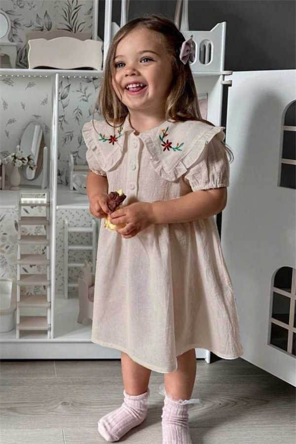 Yakası Nakışlı Bej Elbise