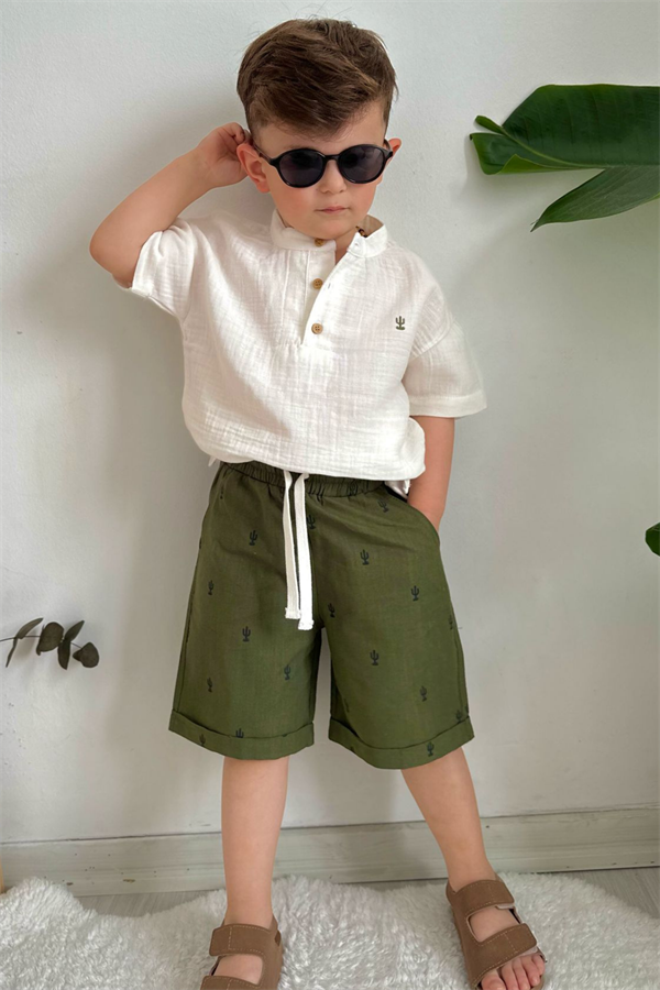 Yeşilli Kaktüs Detaylı Şort Takım