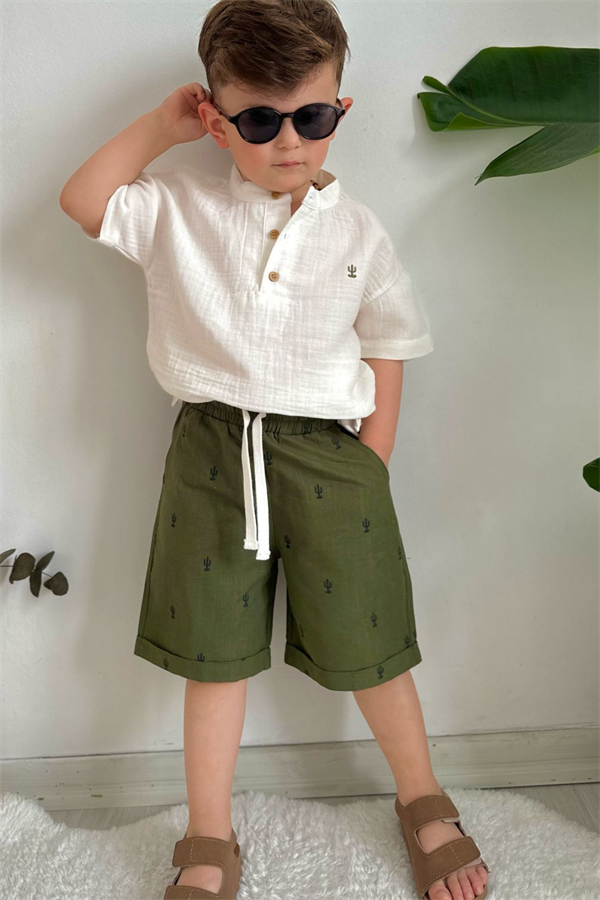 Yeşilli Kaktüs Detaylı Şort Takım