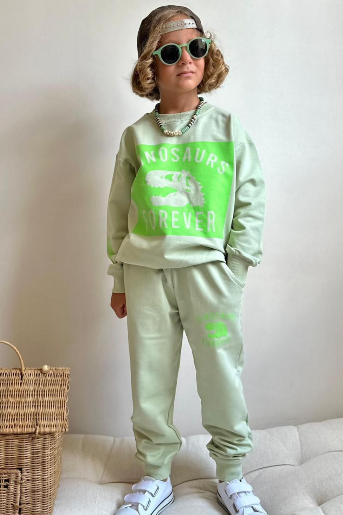 2 İplik Bej Neon Dinazorlu Takım