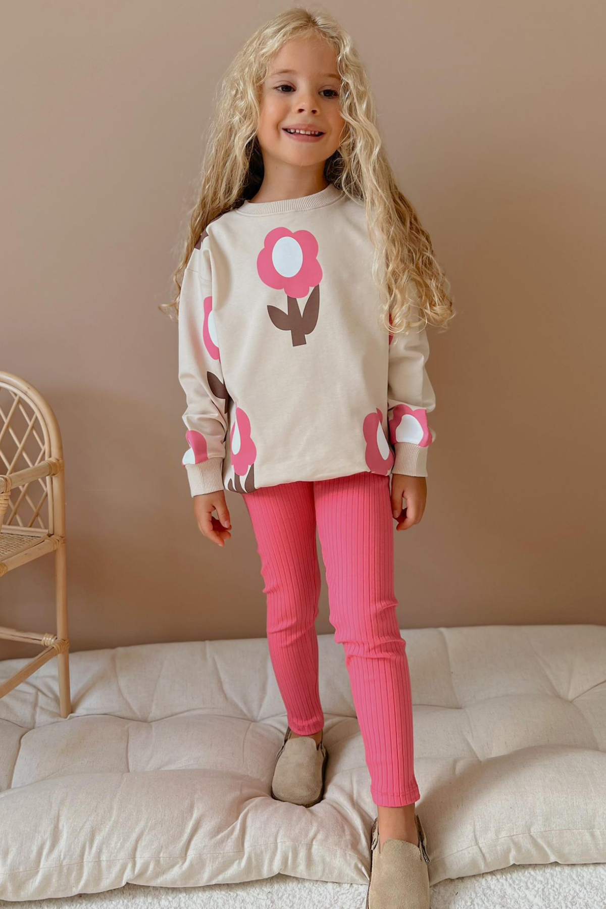 2 İplik Papatyalı Pembe Taytlı Takım