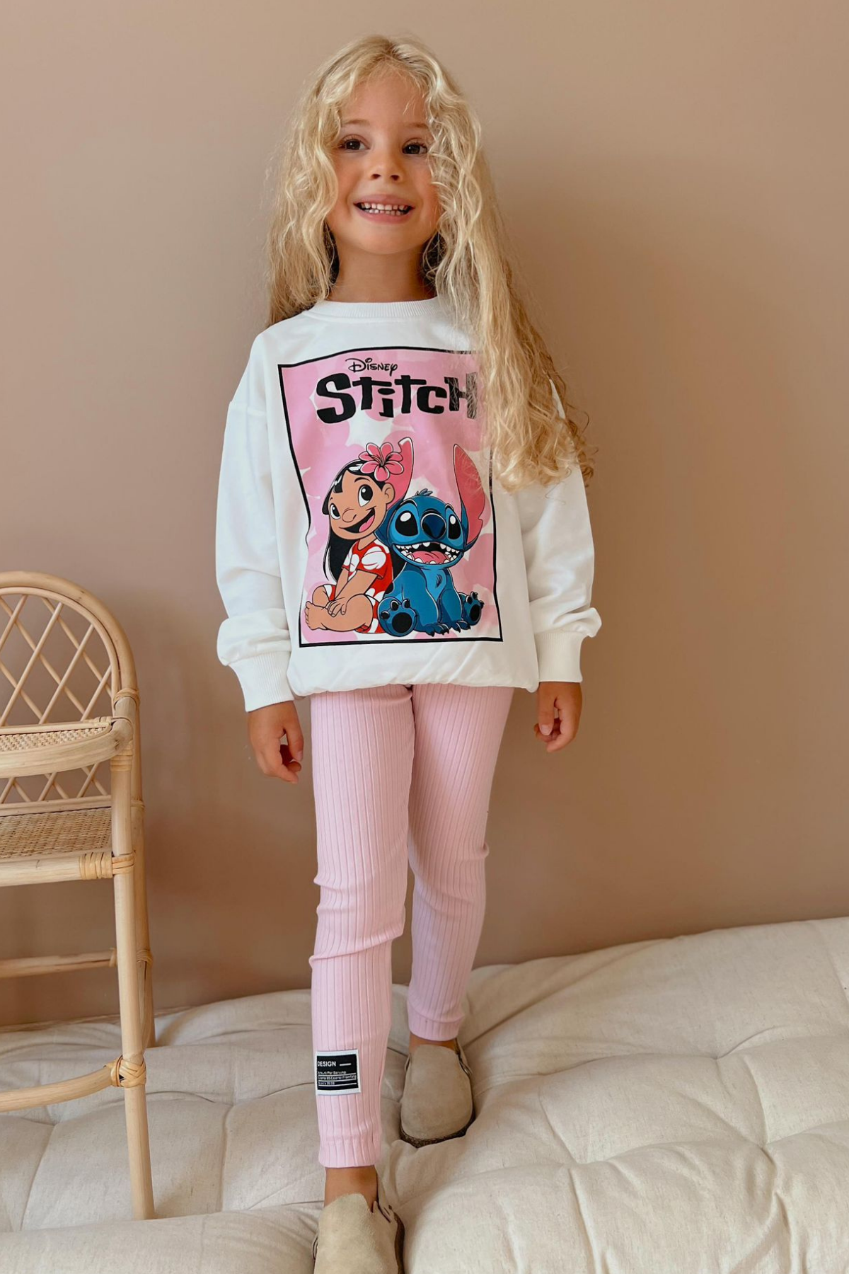 2 İplik Stitch Baskı Pembe Taytlı Takım