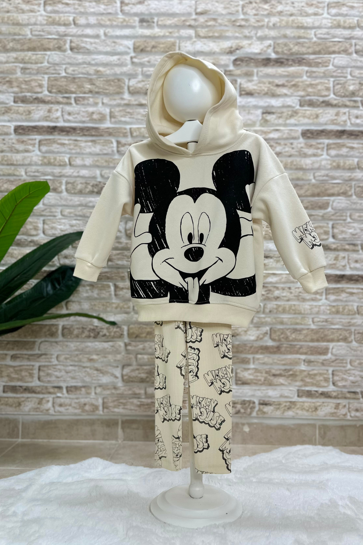 3 İplik Kapüşonlu Mickey Krem Takım